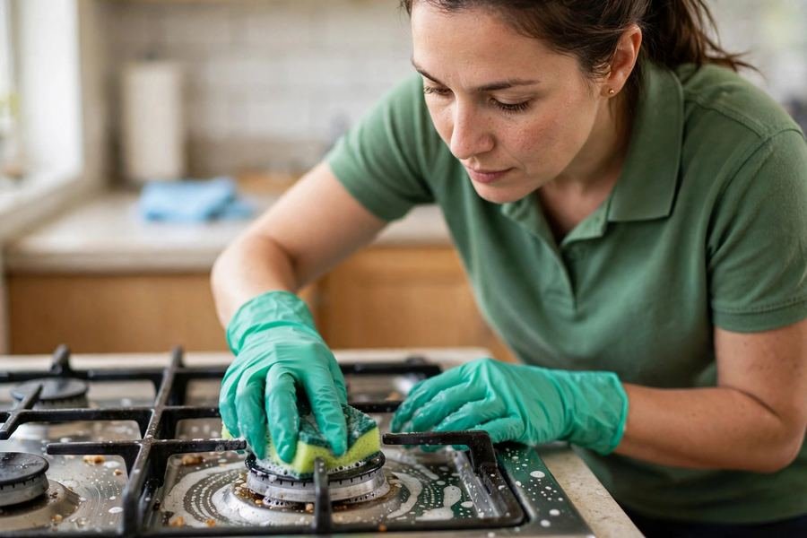 Deep cleaning a stovetop with gloves and a sponge