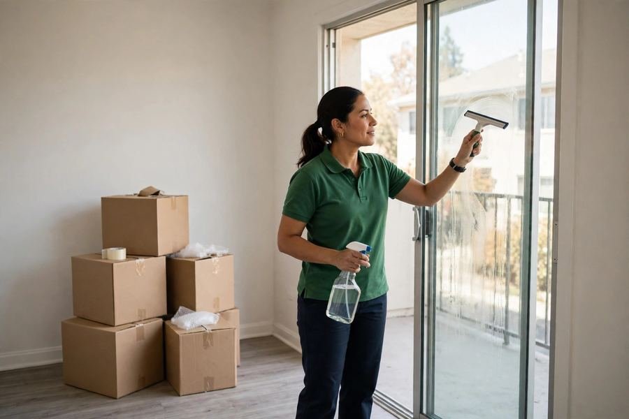 Cleaning a sliding glass door in an empty apartment with moving boxes