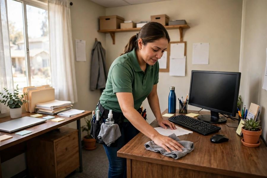 Cleaner wiping desks in a small office