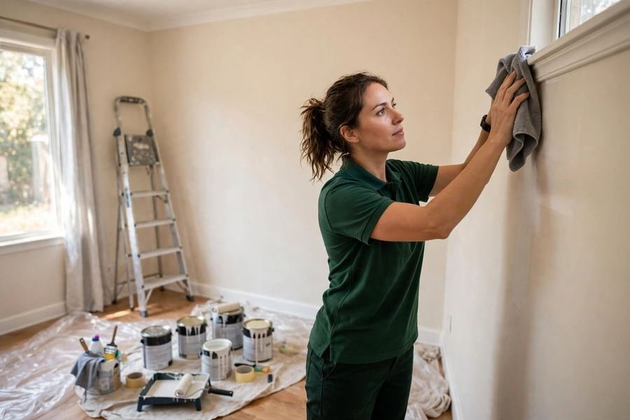 Cleaner wiping dust from a window frame after a remodel