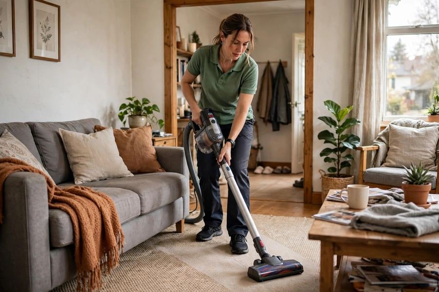 Cleaner vacuuming a living room rug